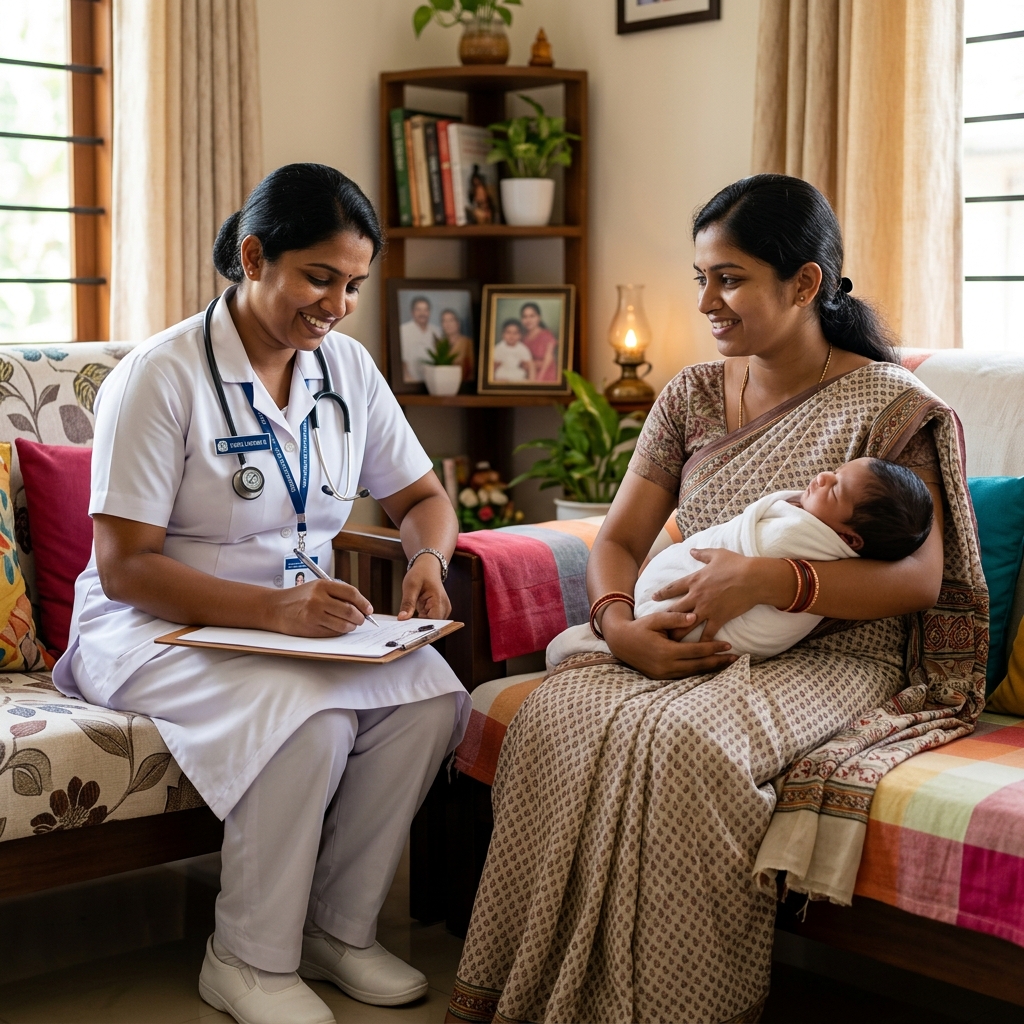 Nurse visiting mother and newborn at home
