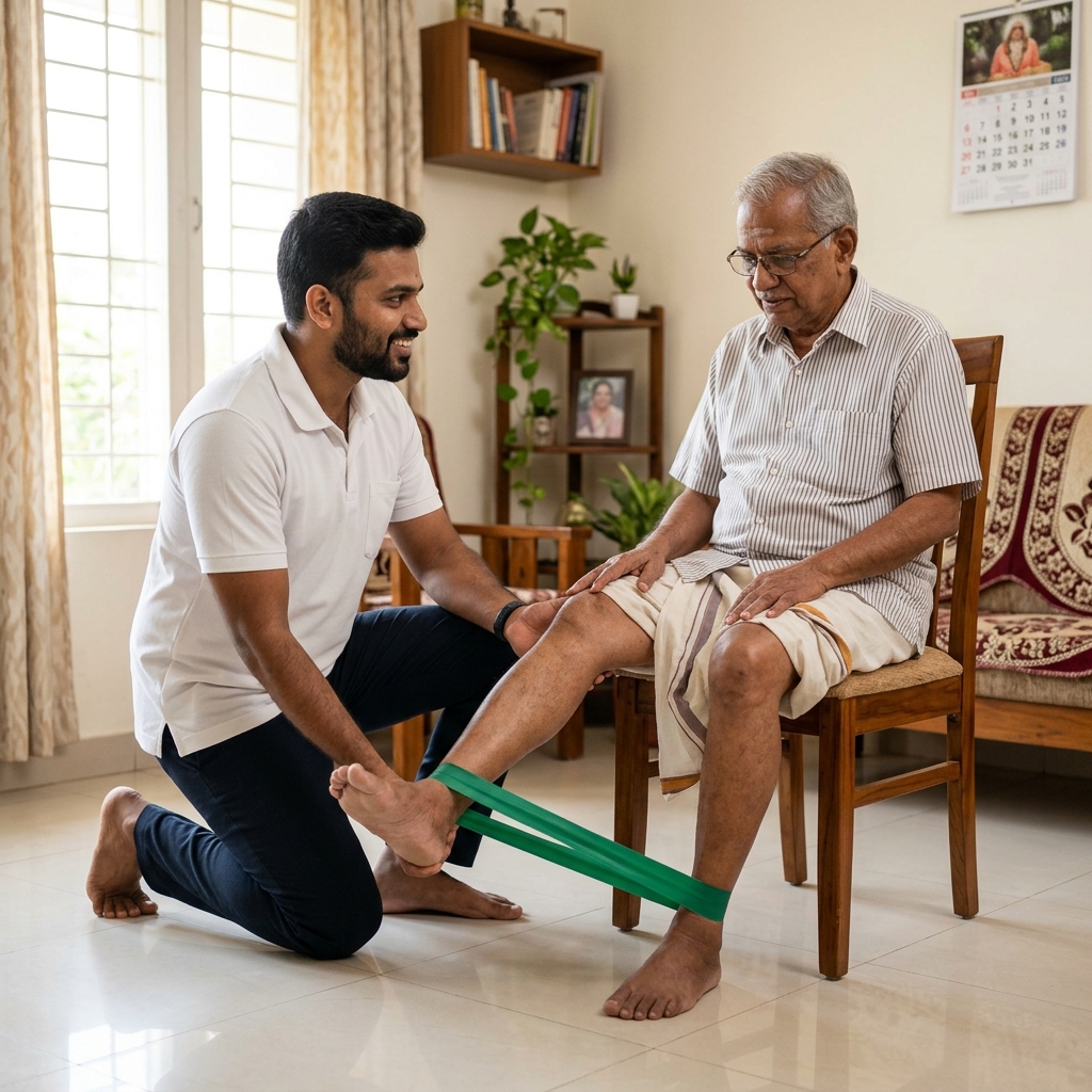 Physiotherapist helping elderly with leg resistance bands