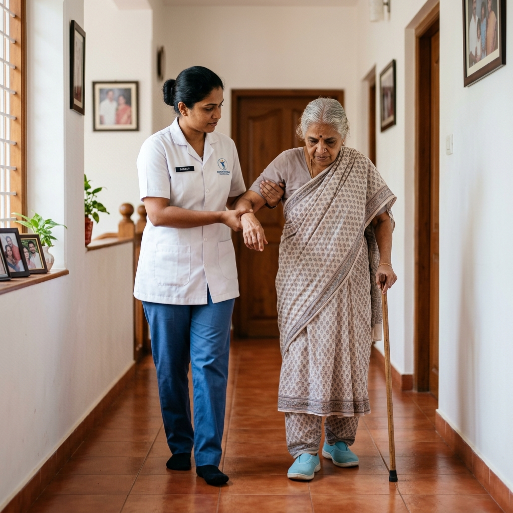 Physiotherapist supporting post-surgery patient walking