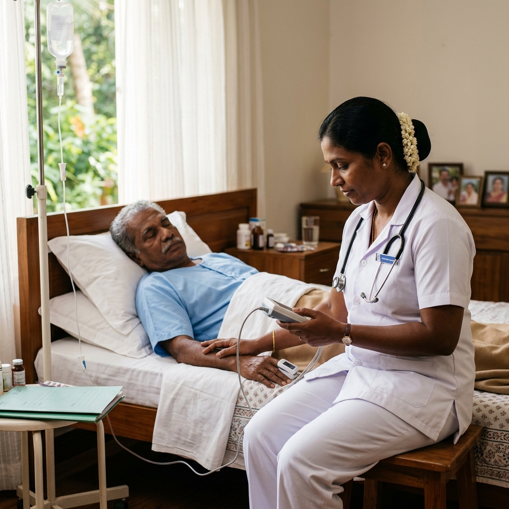 Nurse monitoring post-surgery patient at home